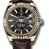 Rolex Sky-Dweller 42mm Yellow Gold Black Index Dial Fluted Bezel Leather Strap – 326138BK
