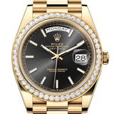 Rolex Day-Date 40 Yellow Gold Bright Black Dial Diamond Bezel President Bracelet – 228348BBLK