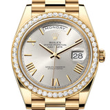 Rolex Day-Date 40 Yellow Gold Silver Roman Dial Diamond Bezel President Bracelet – 228348SILROM