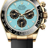 Rolex Cosmograph Daytona 40mm Turquoise Blue Black Dial Yellow Gold Cerachrom Bezel Oysterflex Bracelet – 126518LN