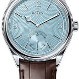 Rolex 1908 39mm Platinum Ice Blue Dial Domed Fluted Bezel Matt Brown Alligator Strap – 52506