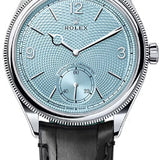 Rolex 1908 39mm Platinum Ice Blue Dial Domed Fluted Bezel Matt Black Alligator Strap – 52506