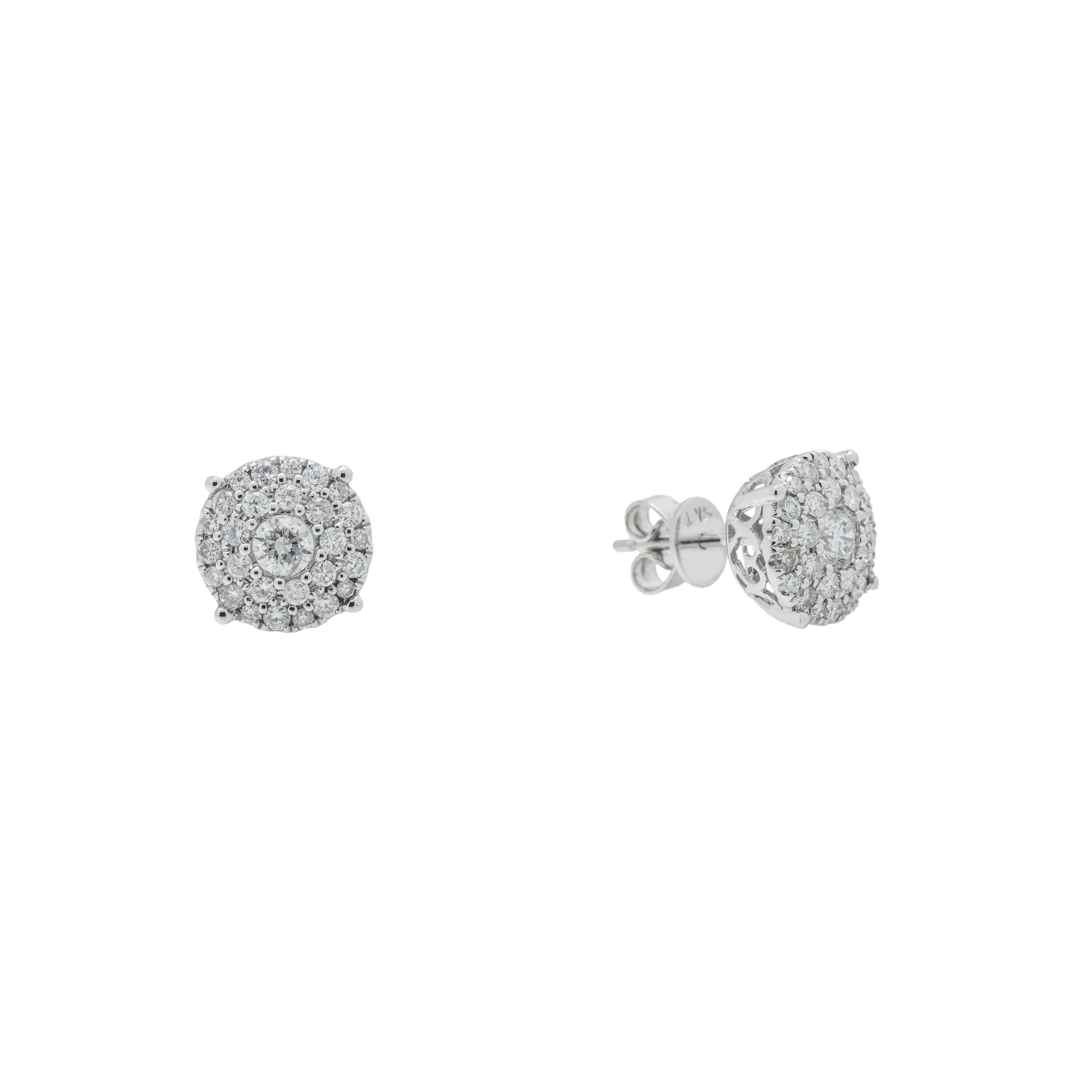 Diamond Cluster Earrings, 14K White Gold 1.38ct view 2