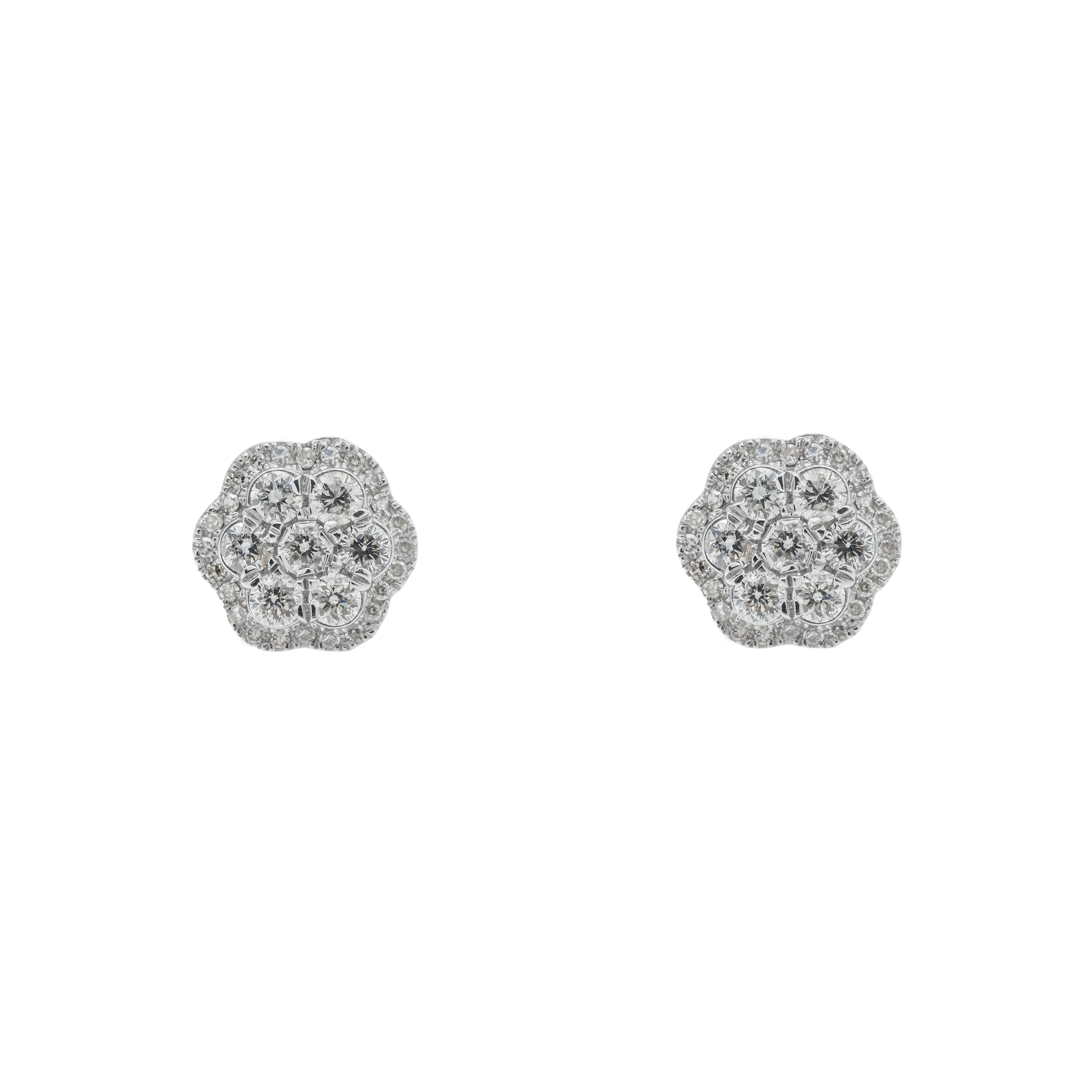 Diamond Cluster Earrings, 14K White Gold 1.20ct