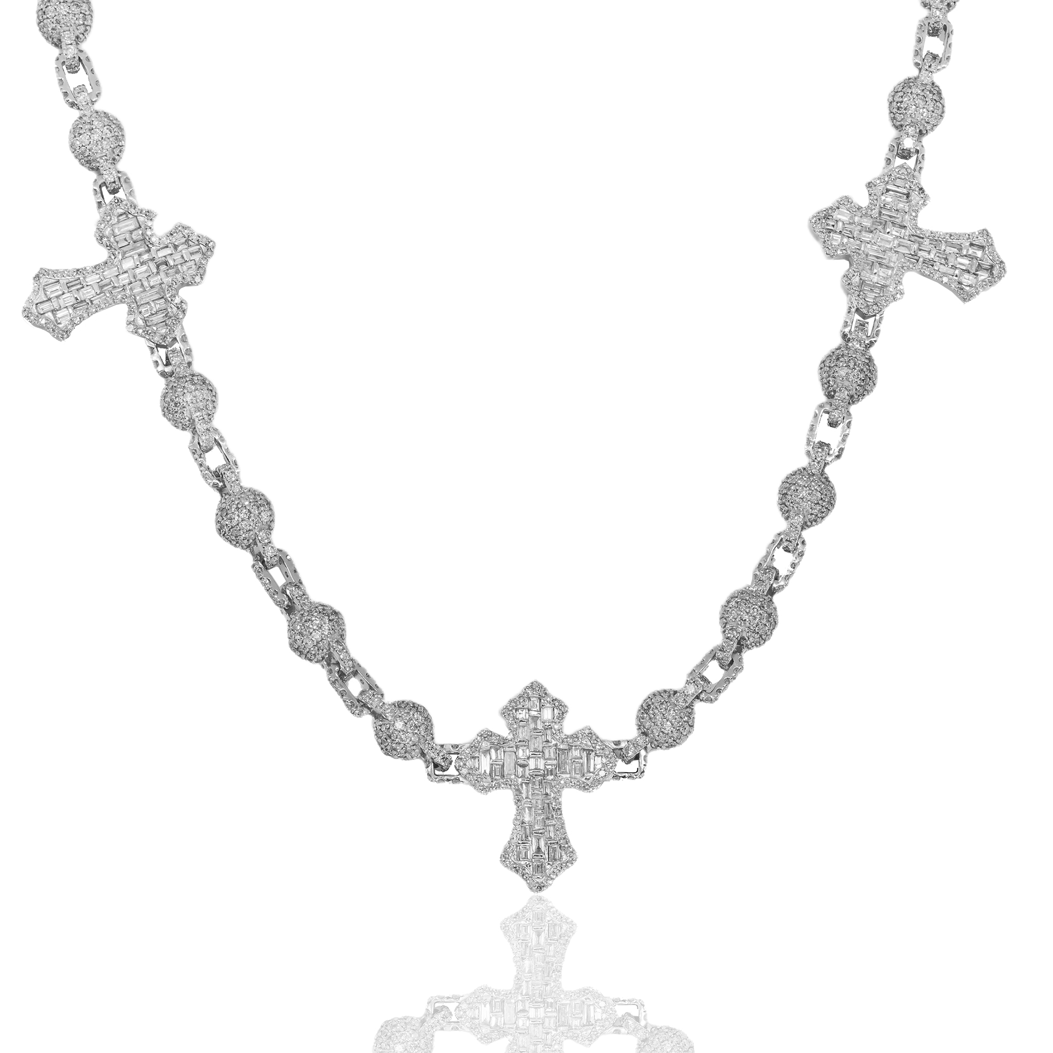 Diamond Ball Cross Chain, 14K White Gold 38.62ct