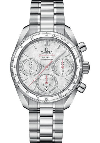 Omega Speedmaster 38 Co-Axial Chronograph 38mm Steel Mother-of-Pearl Diamond Dial White Ceramic Bezel – 324.30.38.50.55.001