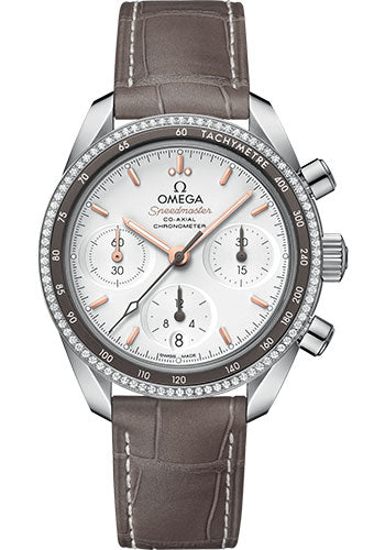 Omega Speedmaster 38 Co-Axial Chronograph 38mm Steel Silvery Dial Dual Diamond Bezel Taupe Strap – 324.38.38.50.02.001