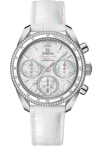 Omega Speedmaster 38 Co-Axial Chronograph 38mm Steel White Mother-of-Pearl Diamond Dial Dual Diamond Bezel White Strap – 324.38.38.50.55.001