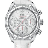 Omega Speedmaster 38 Co-Axial Chronograph 38mm Steel White Mother-of-Pearl Diamond Dial Dual Diamond Bezel White Strap – 324.38.38.50.55.001