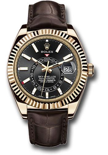 Rolex Sky-Dweller 42mm Yellow Gold Black Index Dial Fluted Bezel Leather Strap – 326138BK