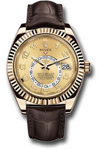 Rolex Sky-Dweller 42mm Yellow Gold Champagne Arabic Dial Fluted Bezel Leather Strap – 326138CH