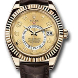 Rolex Sky-Dweller 42mm Yellow Gold Champagne Arabic Dial Fluted Bezel Leather Strap – 326138CH