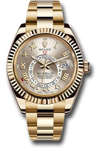 Rolex Sky-Dweller 42mm Yellow Gold Silver Sunray Roman Dial Fluted Bezel Oyster Bracelet – 326938S