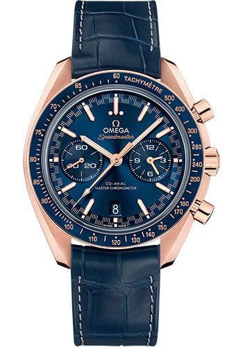 Omega Speedmaster Racing Master Chronograph 44.25mm Sedna Gold Sun-Brushed Blue Dial Leather Strap – 329.53.44.51.03.001