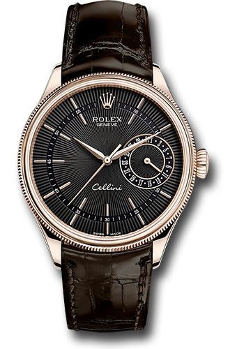 Rolex Cellini Date 39mm Black Dial Everose Gold Brown Leather Strap – 50515