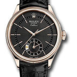 Rolex Cellini Dual Time 39mm Black Dial Everose Gold Black Leather Strap – 50525