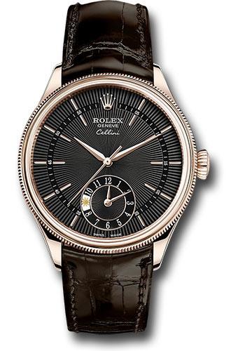 Rolex Cellini Dual Time 39mm Black Dial Brown Strap – 50525