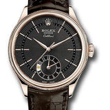 Rolex Cellini Dual Time 39mm Black Dial Everose Gold Brown Leather Strap – 50525