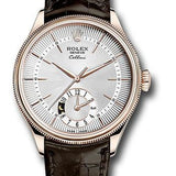 Rolex Cellini Dual Time 39mm Silver Dial Everose Gold Brown Leather Strap – 50525