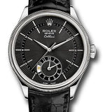 Rolex Cellini Dual Time 39mm Black Dial White Gold Black Leather Strap – 50529