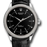 Rolex Cellini Time 39mm Black Dial White Gold Diamond Bezel Black Leather Strap – 50609RBR