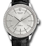Rolex Cellini Time 39mm Rhodium Dial White Gold Diamond Bezel Black Leather Strap – 50709RBR