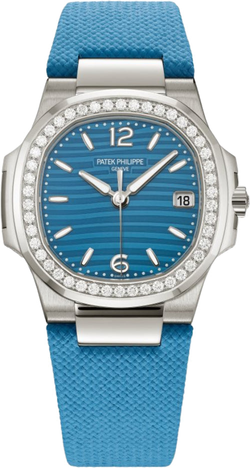 Patek Philippe Nautilus 32mm White Gold Blue Wave Dial Diamond Bezel Fabric Strap – 7010G-013