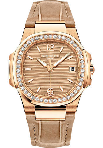 Patek Philippe Nautilus 32mm Rose Gold Golden Dial Alligator Strap – 7010R-012