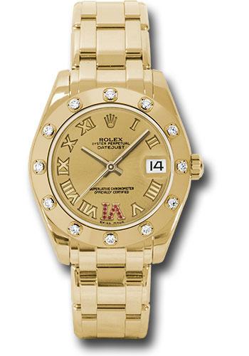 Rolex Pearlmaster 34 Yellow Gold Champagne Ruby Roman VI Dial 12-Diamond Bezel Pearlmaster Bracelet – 81318CHRR