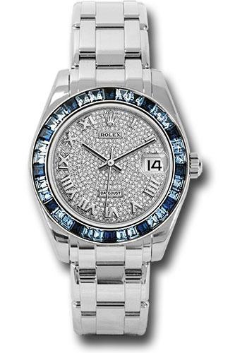 Rolex Pearlmaster 34 White Gold Diamond-Paved Roman Dial Sapphire Baguette Bezel – 81349SADPR