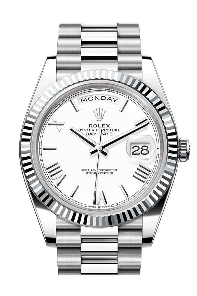 Rolex Day-Date 40 Platinum White Dial Fluted Bezel President Bracelet – 228236WHT