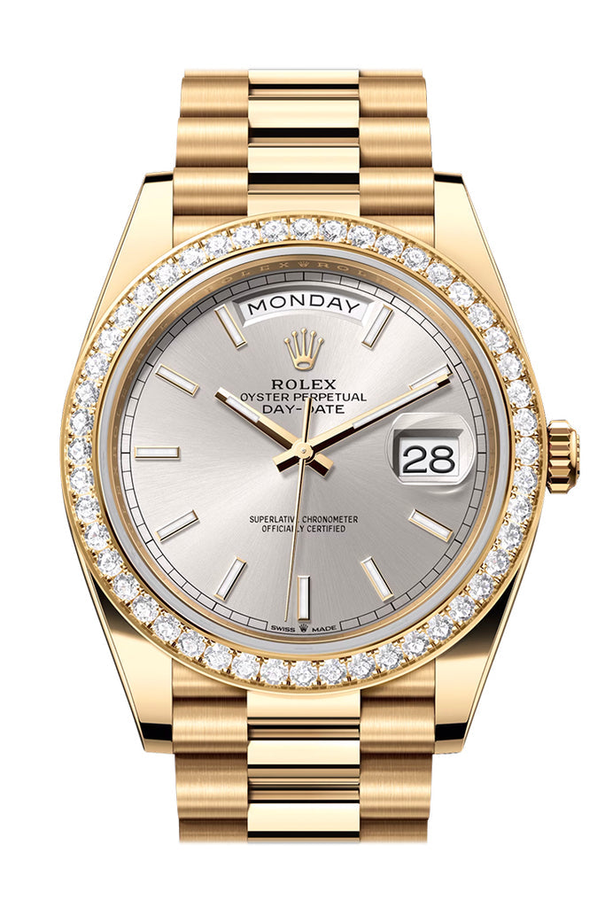 Rolex Day-Date 40 Yellow Gold Silver Dial Diamond Bezel President Bracelet – 228348SIL