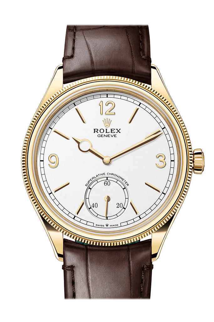 Rolex 1908 39mm Yellow Gold Intense White Dial Leather Strap – 52508