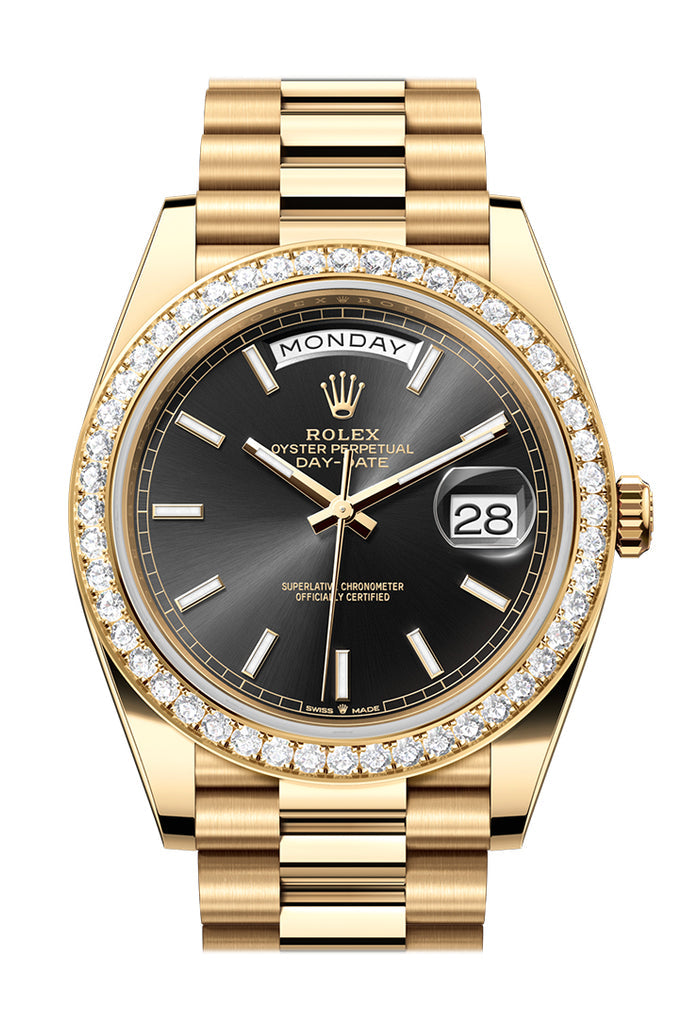 Rolex Day-Date 40 Yellow Gold Bright Black Dial Diamond Bezel President Bracelet – 228348BBLK