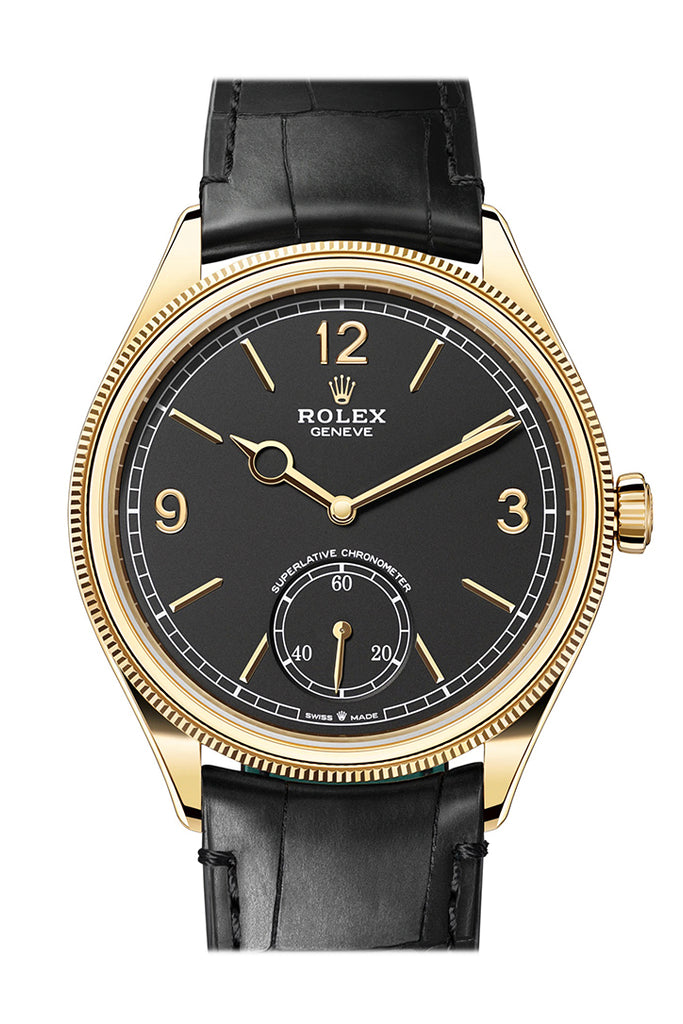 Rolex 1908 39mm Yellow Gold Intense Black Dial Leather Strap – 52508