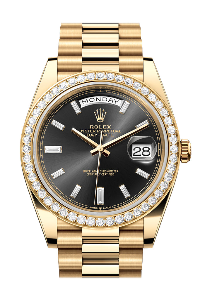 Rolex Day-Date 40 Yellow Gold Bright Black Diamond Dial Diamond Bezel President Bracelet – 228348BBDIA