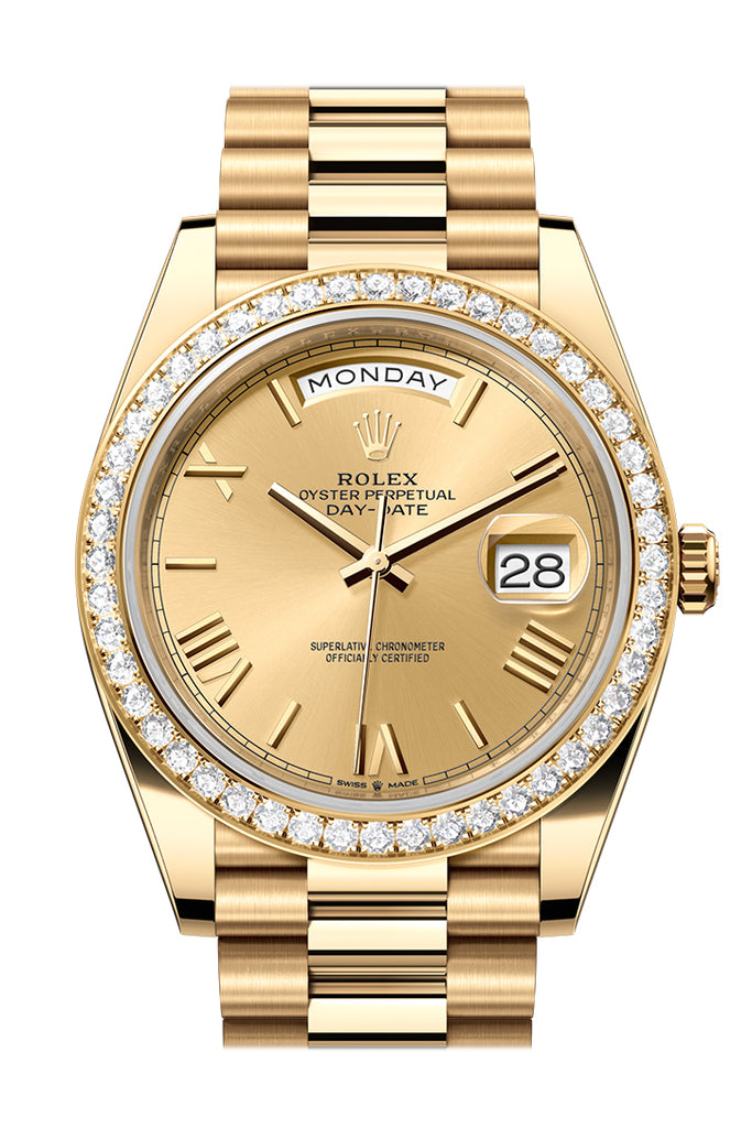 Rolex Day-Date 40 Yellow Gold Champagne Roman Dial Diamond Bezel President Bracelet – 228348CHROM