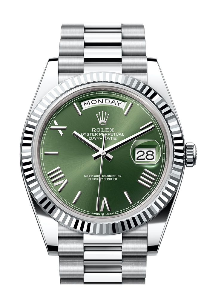 Rolex Day-Date 40 Platinum Olive Green Dial Fluted Bezel President Bracelet – 228236OGRN