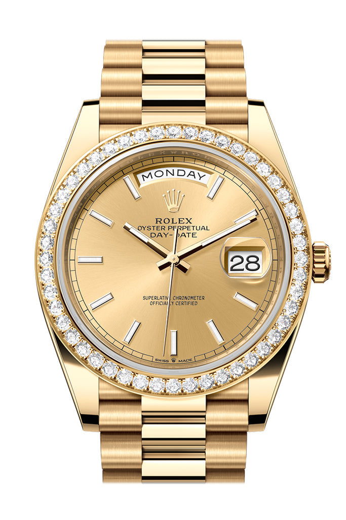Rolex Day-Date 40 Yellow Gold Champagne Dial Diamond Bezel President Bracelet – 228348CH