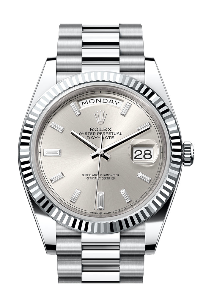 Rolex Day-Date 40 Platinum Silver Diamond Dial Fluted Bezel President Bracelet – 228236SDIA