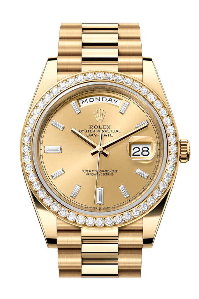 Rolex Day-Date 40 Yellow Gold Champagne Baguette Diamond Dial Diamond Bezel President Bracelet – 228348CHBD