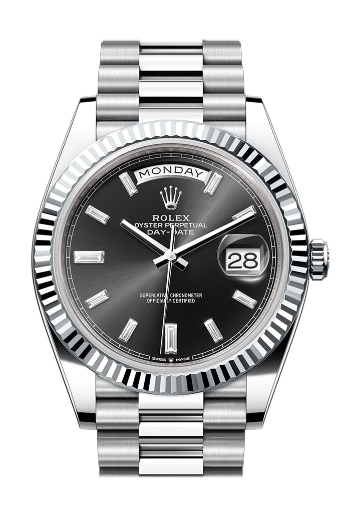Rolex Day-Date 40 Platinum Bright Black Baguette Diamond Dial Fluted Bezel President Bracelet – 228236BBDIA