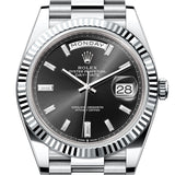 Rolex Day-Date 40 Platinum Bright Black Baguette Diamond Dial Fluted Bezel President Bracelet – 228236BBDIA