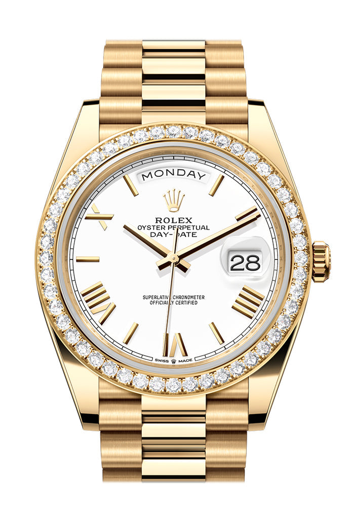 Rolex Day-Date 40 Yellow Gold White Roman Dial Diamond Bezel President Bracelet – 228348WHROM