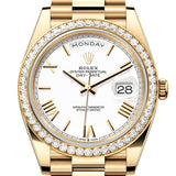 Rolex Day-Date 40 Yellow Gold White Roman Dial Diamond Bezel President Bracelet – 228348WHROM