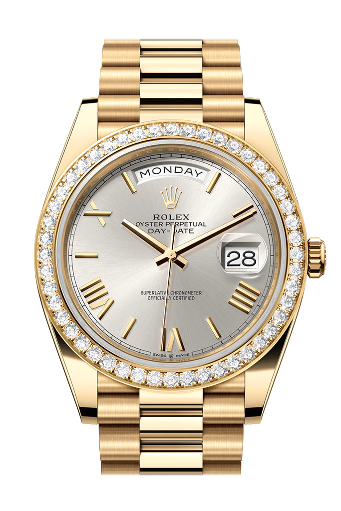 Rolex Day-Date 40 Yellow Gold Silver Roman Dial Diamond Bezel President Bracelet – 228348SILROM