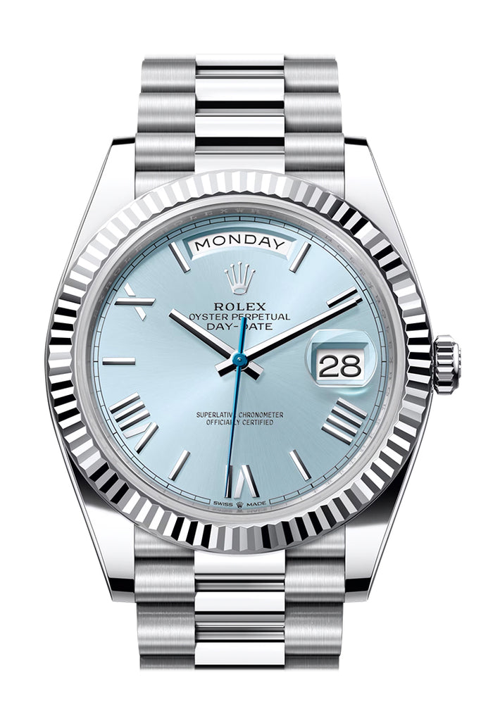 Rolex Day-Date 40 Platinum Ice Blue Roman Dial Fluted Bezel President Bracelet – 228236IBROM