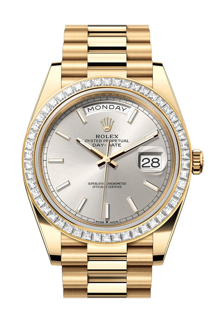 Rolex Day-Date 40 Yellow Gold Silver Dial Baguette Diamond Bezel President Bracelet – 228398SIL