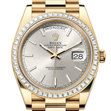 Rolex Day-Date 40 Yellow Gold Silver Dial Baguette Diamond Bezel President Bracelet – 228398SIL