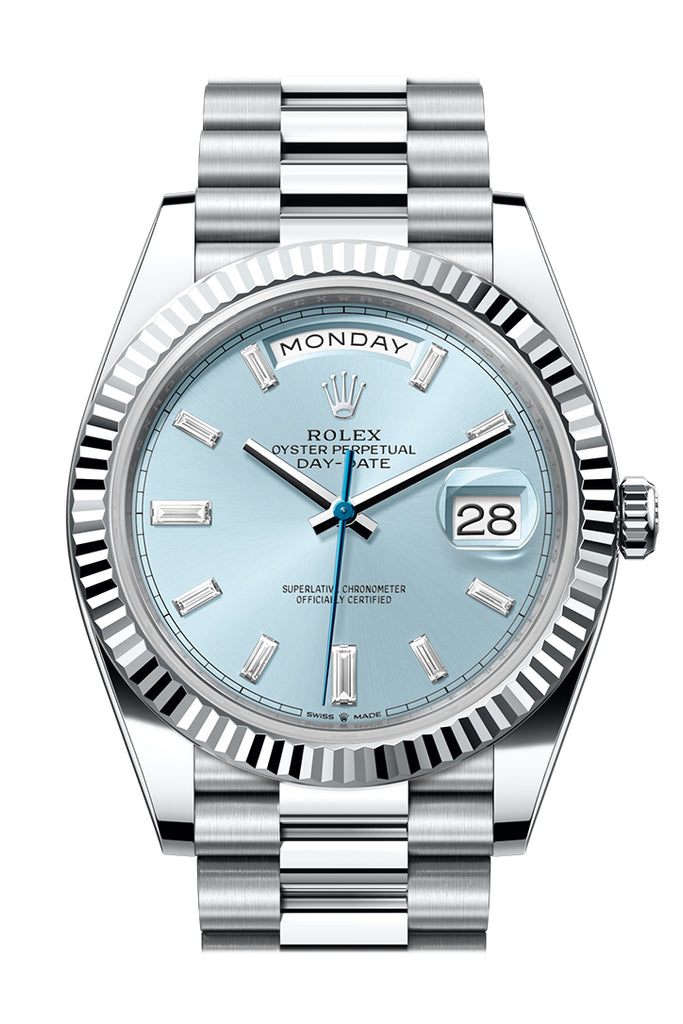 Rolex Day-Date 40 Platinum Ice Blue Diamond Dial Fluted Bezel President Bracelet – 228236IBDIA